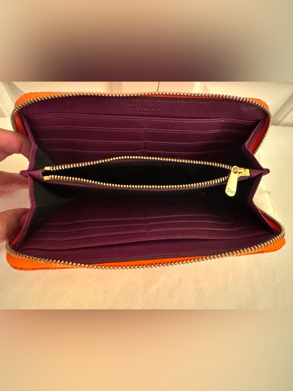 Dior Orange Quilted Patent Leather Zip Wallet with D Charm NEW - Picture 3 of 6